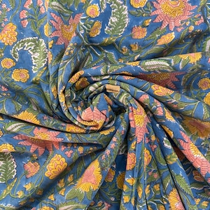 Beautiful Hand Block Printed Blue Fabric Cotton Fabric, Indian Fabric fabric by yard Block Printed Cotton women&#39;s clothing robe gift for her