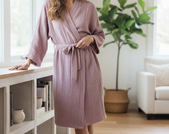 Abbigliamento da casa boho di lusso, vestaglia in garza di cotone, vestaglia in mussola, vestaglia kimono in cotone, accappatoio da donna, abbigliamento spa di lusso, kimono in mussola di cotone, abbigliamento da relax