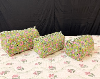 Quilted Cotton Travel Pouch Set: Cosmetic Bags with Floral and Animal Designs