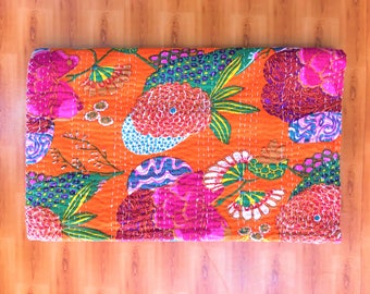 Orange kantha blommigt tryckt överkast i king size (90x108) tum Gudari