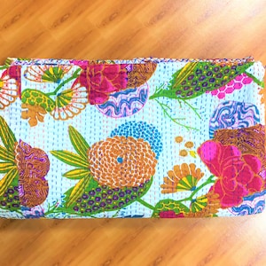Fruit Print King Size Kantha Quilt, Kantha Bedspread, Bed Cover, Bohemian Bedding bedspread kantha throw