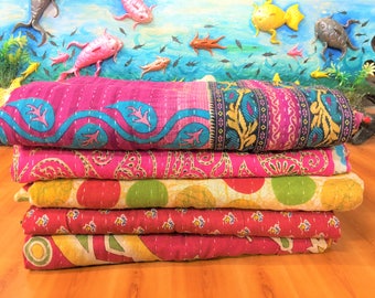 Vintage Kantha Quilt Lot, Reversible Cotton Twin Throws (60x90)