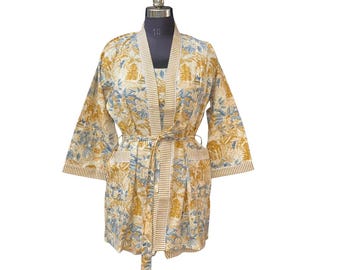 Hand Block Print Kimono Robe Set: Cotton Bohemian Loungewear.