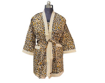 Hand Block Printed Cotton Kimono Robe & Camisole Set - Cheetah Print Loungewear