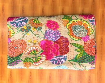 Blommigt Kantha-täcke i king size, boho-sängkläder (90 x 108 tum)