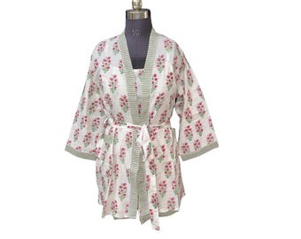 Handblock Print Cotton Kimono Set: Indian Loungewear (3-Piece)