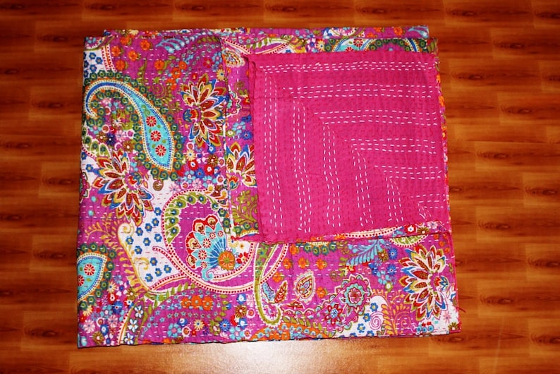 Sophia-Art Indiase koning / tweeling size Indiase handgemaakte paisley print Kantha quilt katoen Kantha deken dekbed bankovertrek Kantha sprei Boheems beddengoed (geel, koning 90 * 108 inch
