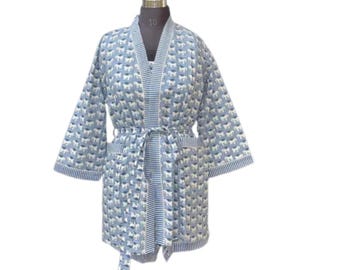 Handmade Cotton Kimono Robe & Camisole Set: Elephant Block Print Lounge Wear.