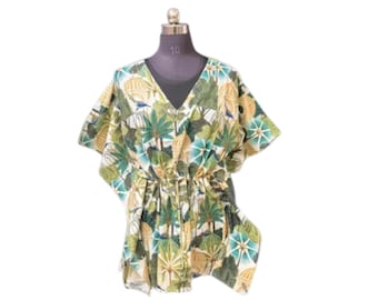 Handmade Cotton Kaftan: Green & White Block Print Beach Cover-Up