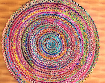 Handwoven Chindi Jute Round Rug – Multi Rainbow Recycled Cotton