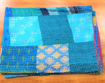 Handmade Patchwork Patola Silk Kantha Quilt, Queen Size Bedspread