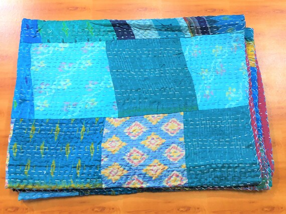 Handmade Patchwork Patola Silk Kantha Quilt, Queen Size Bedspread