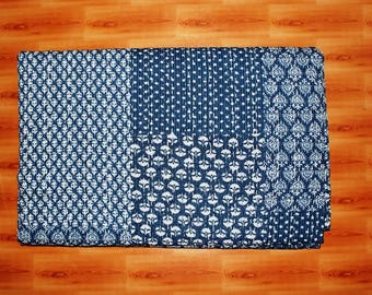 Indigo Color Hand Block Printed Kantha Quilt, Patchwork Cotton Bedspread