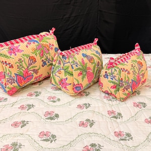 Set of 3 Cosmetic & Toiletry Storage Cotton Pouch / Cotton Quilted Travel Cases Pouches Perfect Valentine Day Gift