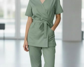 100% Cotton Scrub Set for Women | Classic Medical Uniform | Elegant Nurse Scrubs Top & Pants | Nursing Outfit | Beauty Professional Workwear