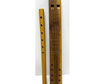 Vtg Yugoslavian Wooden Dvojnice Double Flute With Intricate Carved Design + 1