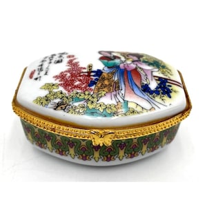 Vintage Japanese Porcelain Trinket Box with Designs & Gold-Tone Accents