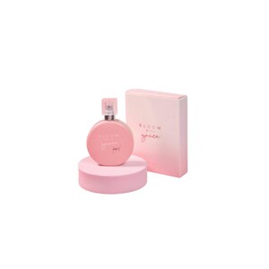 May include: A pink perfume bottle with a silver cap and a matching box. The bottle is round and sits on a pink circular stand. The box and bottle have the words "Bloom with grace" printed on them.