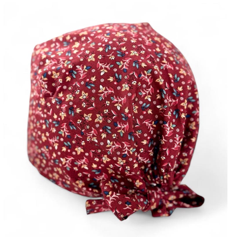 Ditsy Floral Print Scrub Cap: Cotton Nurse Hat with Optional Buttons Red Floral