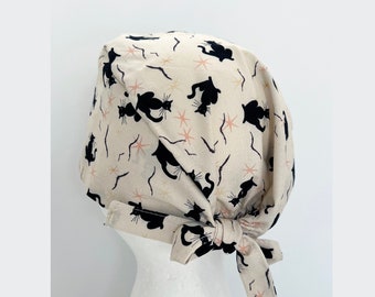 Halloween Black Cat Print Scrub Cap, Soft Cotton Nurse Hat with Buttons