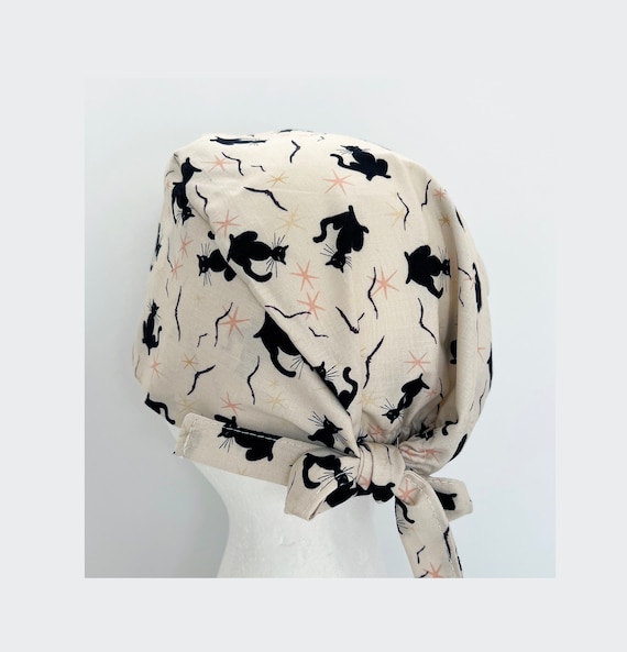 Halloween Black Cat Print Scrub Cap, Soft Cotton Nurse Hat with Buttons
