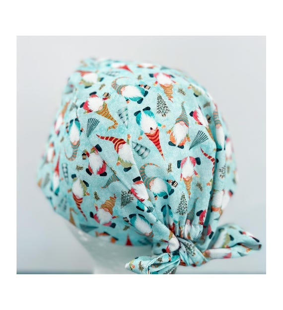 Christmas Gnomes Print Surgical Scrub Cap, Nurse Hat with Buttons