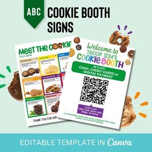 Puede incluir: Dos carteles para un puesto de galletas. Un cartel dice "Meet the Cookie" con un menú de galletas. El otro cartel dice "Welcome to Troop 1234's Cookie Booth" e incluye un código QR para pago digital.