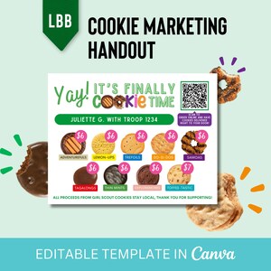 May include: A cookie marketing handout with the text "Yay! It's Finally Cookie Time" and a list of Girl Scout cookies. The handout includes images of various cookies, such as Adventurefuls, Lemon-Ups, and Samoas.