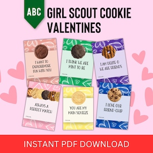 May include: Girl Scout Cookie Valentines cards with various cookie types and punny phrases. The cards feature a pink background with heart shapes, and the text "ABC GIRL SCOUT COOKIE VALENTINES" is at the top.