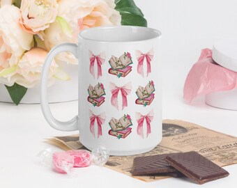 Books & Bows Mug - 15 oz Tea Bookish Library Coquette Cottagecore Hygge Pink Sweet Cozy Girly Illustration