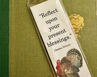 Thanksgiving Blessings Bookmark - Vintage Turkey Postcard Thankful Pumpkins Leaves Autumn Flowers Fall Bookish Read More Books