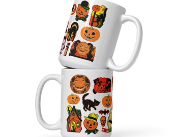 Vintage Halloween 15oz Wraparound Mug - Black Cat Orange Pumpkins Fall Autumn Ghosts Vampires