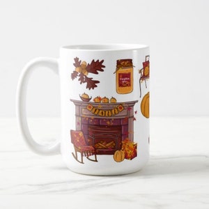 Cozy Fall Night Wraparound Mug - Special Edition 15 oz Fall Leaves Pumpkins Autumn Tea Candle Fireplace