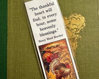 Thankful Heart Bookmark - Vintage Turkey Postcard Thanksgiving Pumpkins Leaves Autumn Flowers Fall Bookish Read More Books