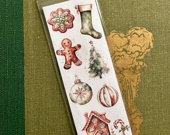 A Gingerbread Christmas Bookmark - Neutral Green Brown Winter Vintage Holiday Bookish Read More Books Stocking Stuffer Gift