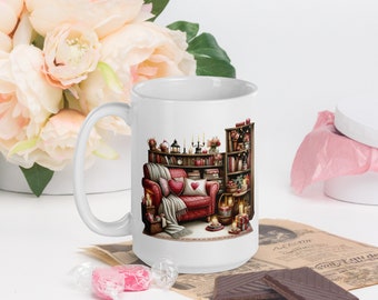 Cozy Valentines Mug - 15 oz Bookish Cottage Hygge Love Hearts Winter Spring Sweet Library Illustration