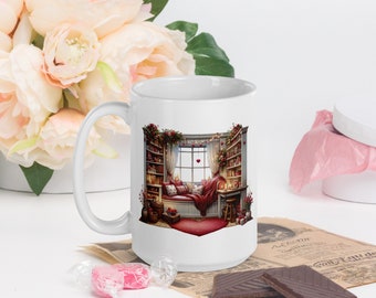 Valentine Library Mug - 15 oz Bookish Cottage Hygge Love Hearts Winter Spring Sweet Cozy Illustration