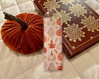 Cozy Cute Halloween Bookmark - Pumpkins Boo Ghost Leaves Autumn Jack O Lantern Fall Bookish Read More Books