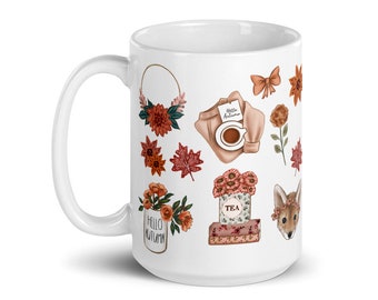 Darling Autumn Wraparound Mug - Special Edition 15 oz - Pink Pumpkins Fairytale Fox Flowers Spice Fall Pastels