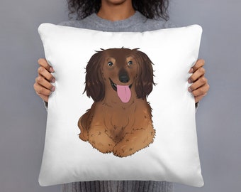 Longhaired Dachshund Pillow - Baxter - Sable Brindle Brown Doxie - White/Periwinkle