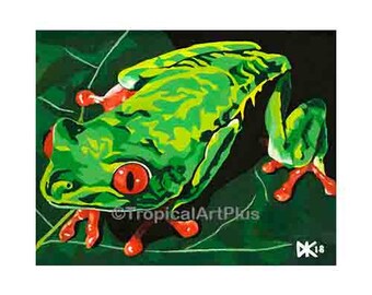 Acrylic Tree frog painting, tree frog, frogs, frog, tree frogs, wall art, home decor, bright, giclee print, green, nature art, tropical art