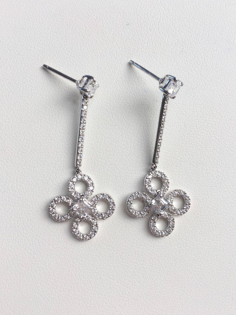 Sterling Silver Clover Drop Earrings Cubic Zirconia Earrings Cz Diamond Drop Earrings