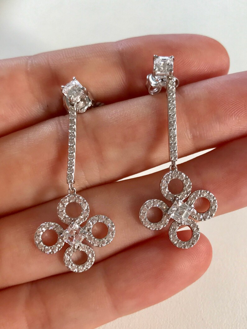 Sterling Silver Clover Drop Earrings Cubic Zirconia Earrings Cz Diamond Drop Earrings