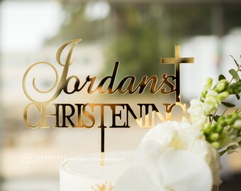 Personalised '[Name]'s Christening' with Cross Cake Topper | Custom Laser-Cut Religious Decoration