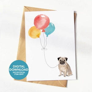 Cartão de aniversário para cachorro Pug para imprimir, cartão de felicitações para amantes de cães, download digital, imprima você mesmo em casa