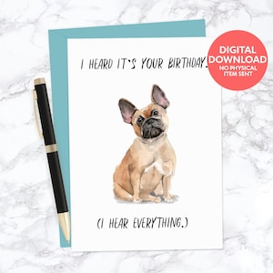 Cartão de aniversário engraçado para imprimir em estilo bulldog francês
