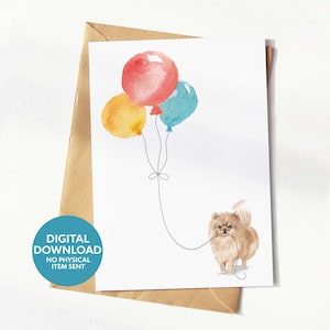 Cartão de aniversário para cachorro da Pomerânia para imprimir, cartão de felicitações para amantes de cães, download digital, imprima você mesmo em casa