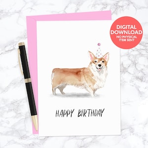 Carte imprimable joyeux anniversaire chien corgi pour les amoureux des chiens