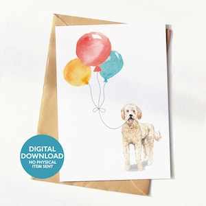 Afdrukbare Goldendoodle-verjaardagskaart, wenskaart voor hondenliefhebber, digitale download, zelf thuis afdrukken