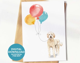 Printable Goldendoodle birthday card, greeting card for dog lover, digital download, print yourself at home